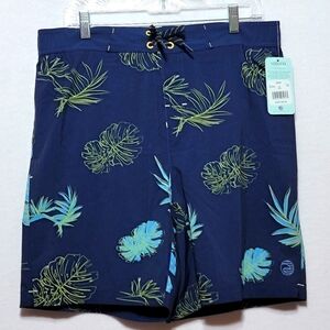 Men's Blue Laguna Swim Shorts with‎ Green Leaf Print SIZE L #712